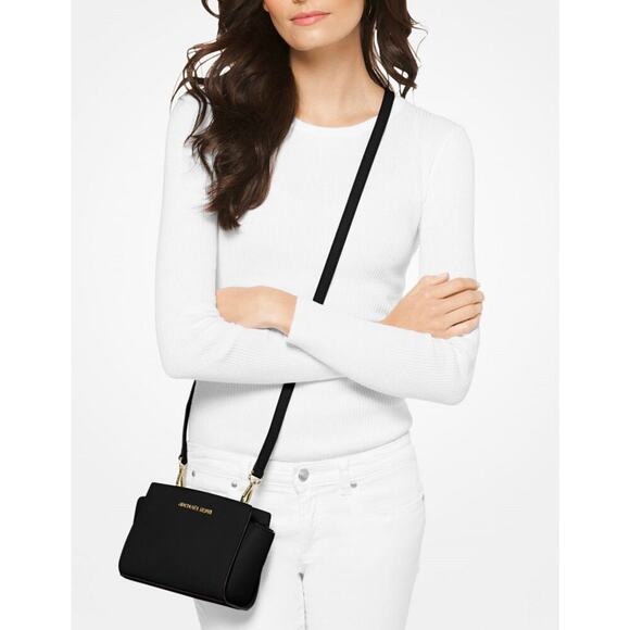 Michael Kors Selma Mini Saffiano Leather Crossbody Black and Gold - Picture 6 of 8